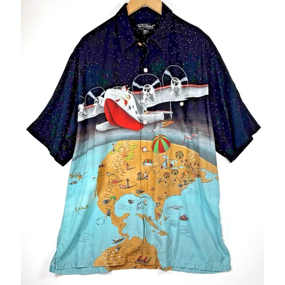 Tori Richard Shirt Mens Large Santa Seaplane Christmas Map Hawaii Aloha Vintage - Picture 1 of 13